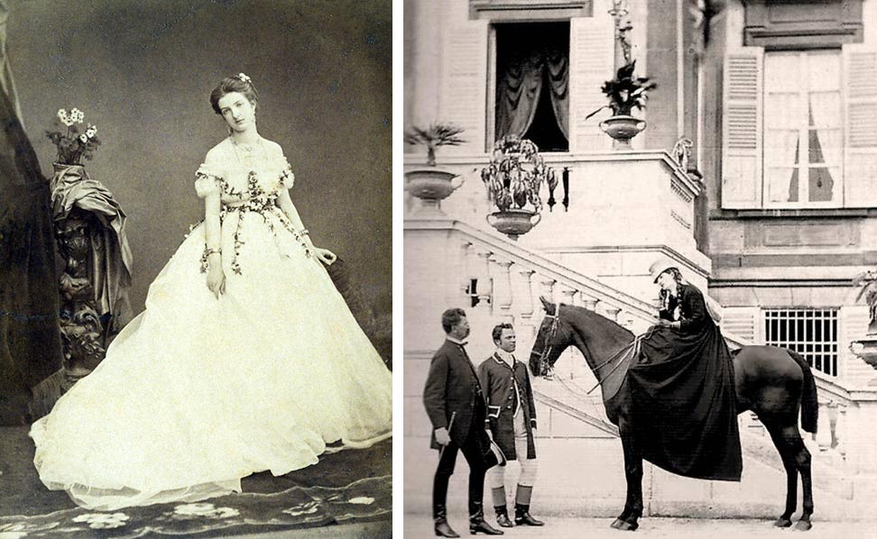 Margherita di Savoia em uma foto de 1868, ano de seu casamento. Ao lado, a princesa a cavalo no Castelo Real de Racconigi