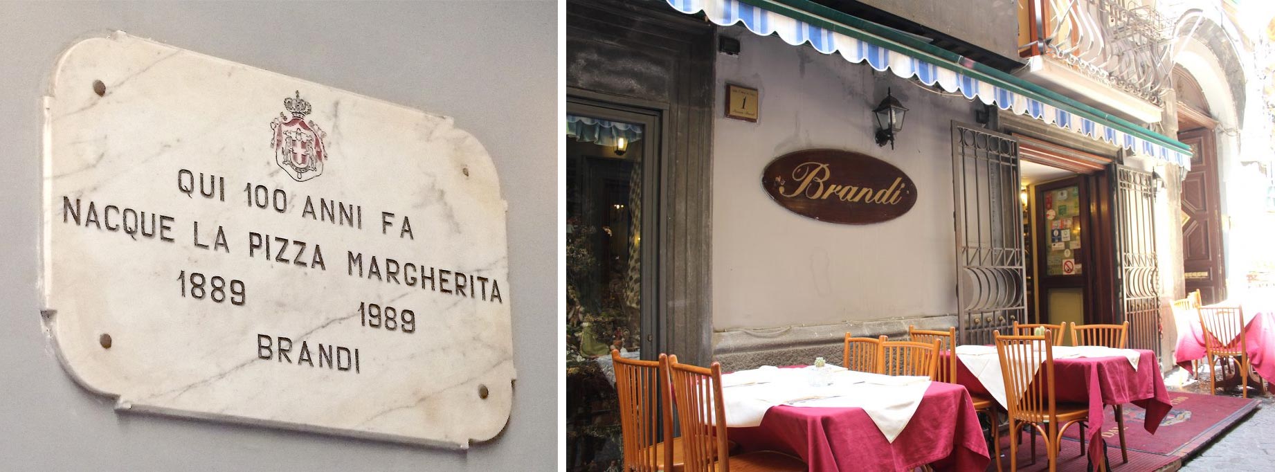 A Pizzaria Brandi no centro de Nápoles e a placa comemorativa ao local do nascimento da pizza Margherita